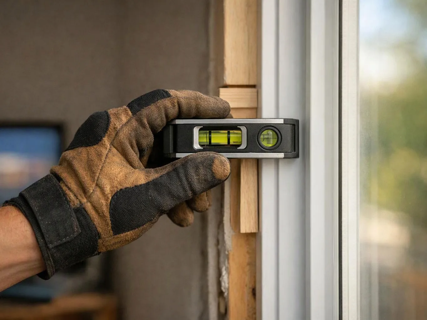 Gloved hand holds a spirit level against a window frame during home carpentry work