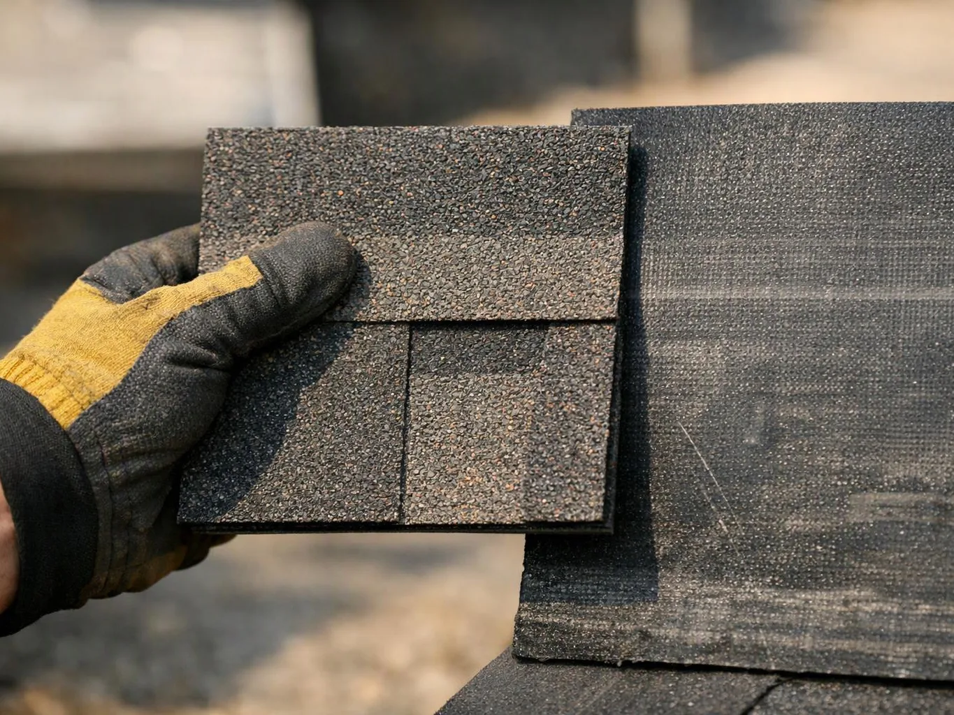 A gloved hand holds two dark asphalt shingles with gritty surfaces outdoors