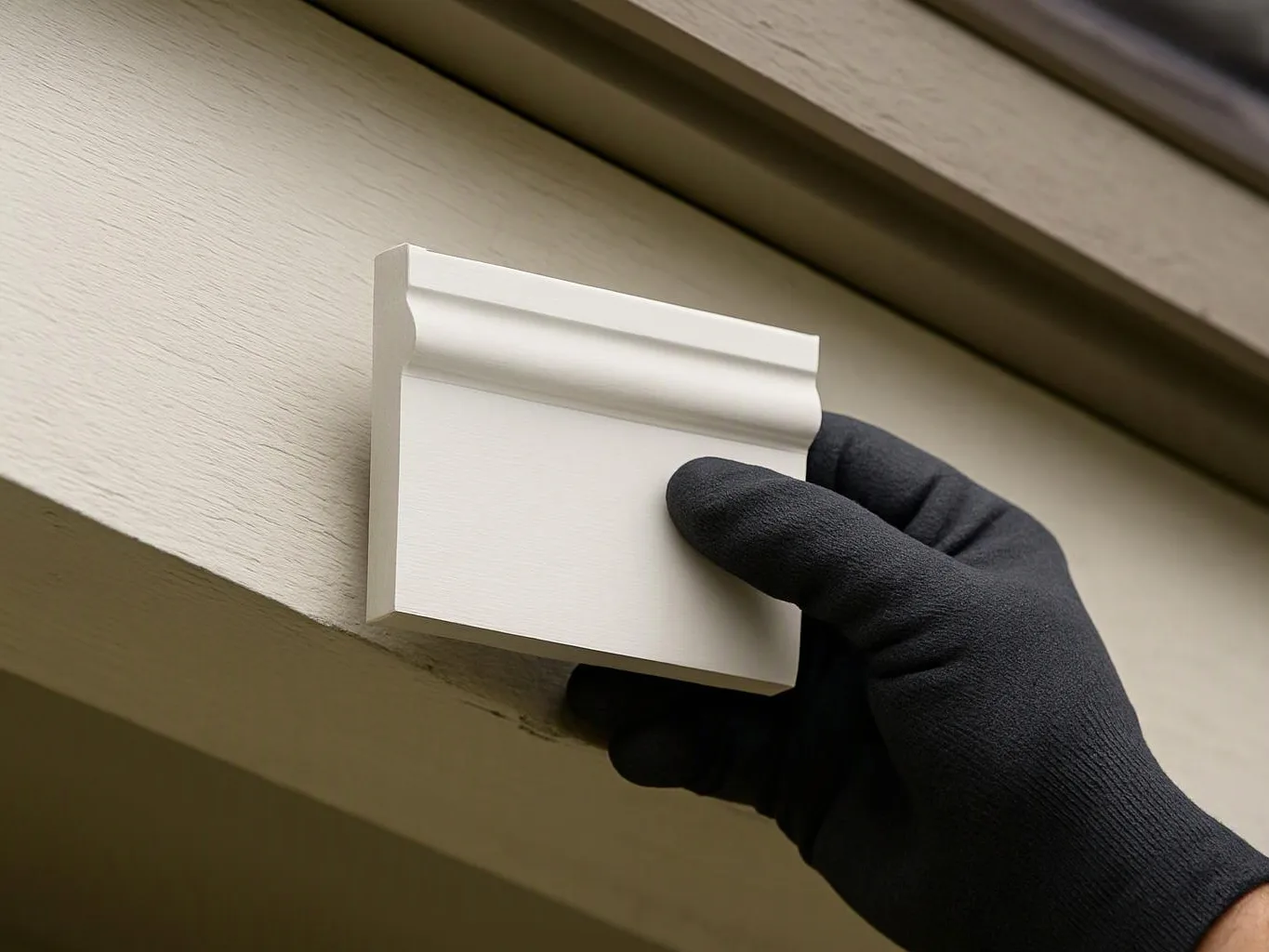 A gloved hand holds a white trim piece against a beige exterior wall under an eave