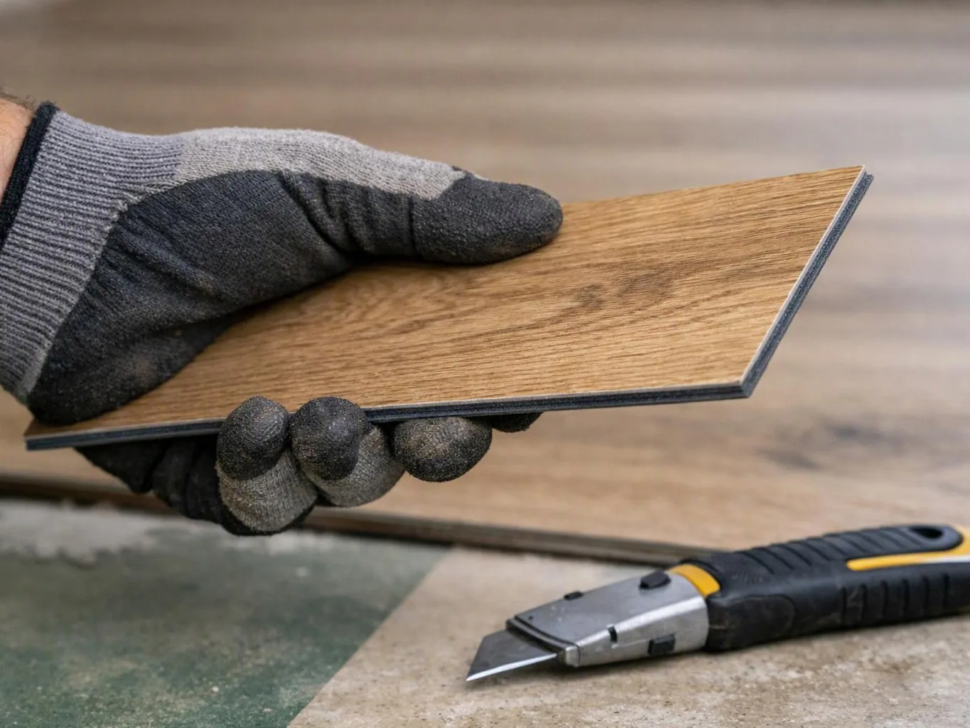 A gloved hand holds a wood-look laminate plank above a utility knife on a work surface