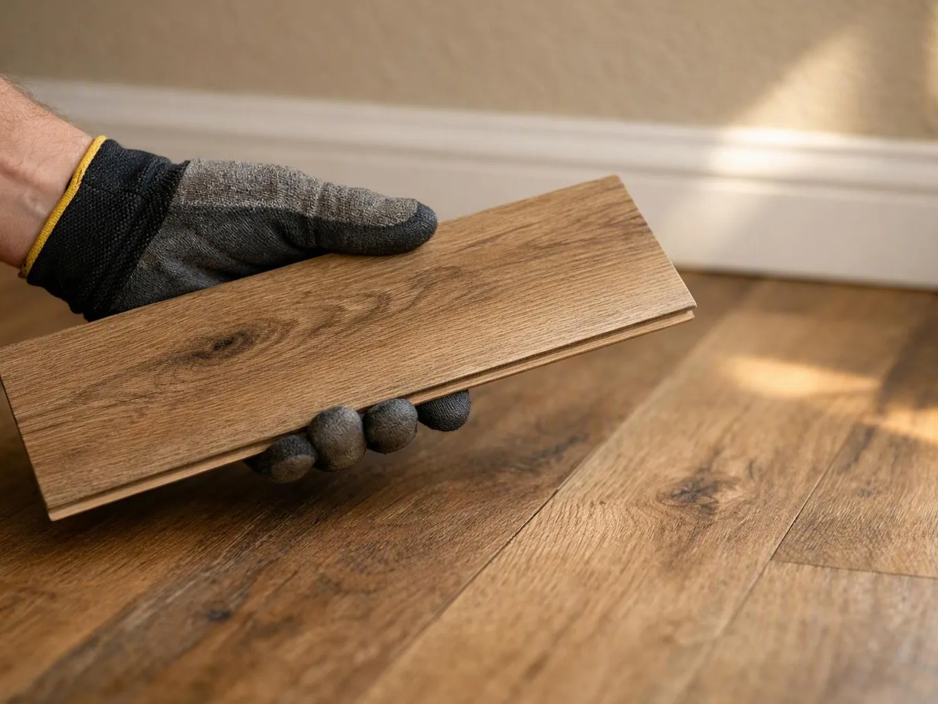 A gloved hand holds a wood plank above a hardwood floor beside a baseboard
