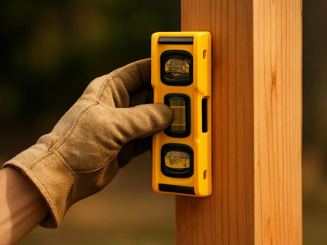 A gloved hand holds a yellow spirit level against a wooden post outdoors