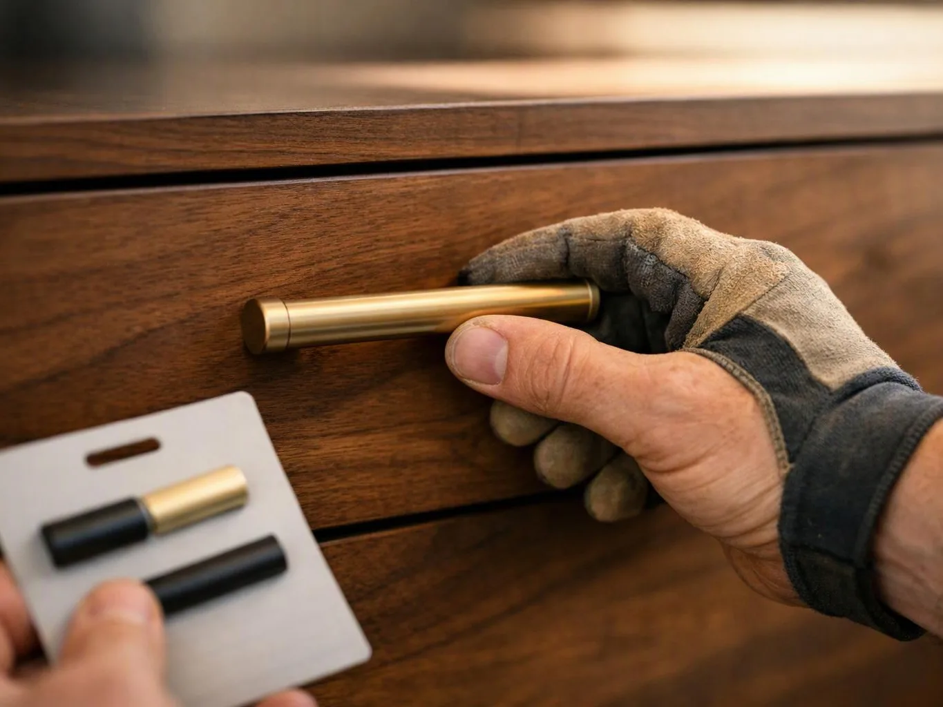 A gloved hand installs a brass drawer pull on a wooden cabinet while another hand holds hardware samples