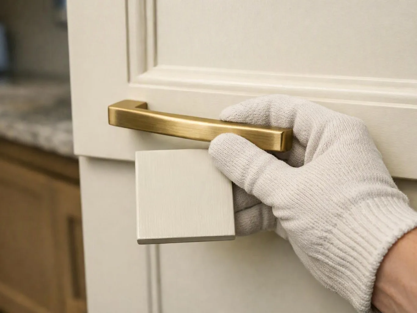 Gloved hand opens a white cabinet door with a brass handle indoors