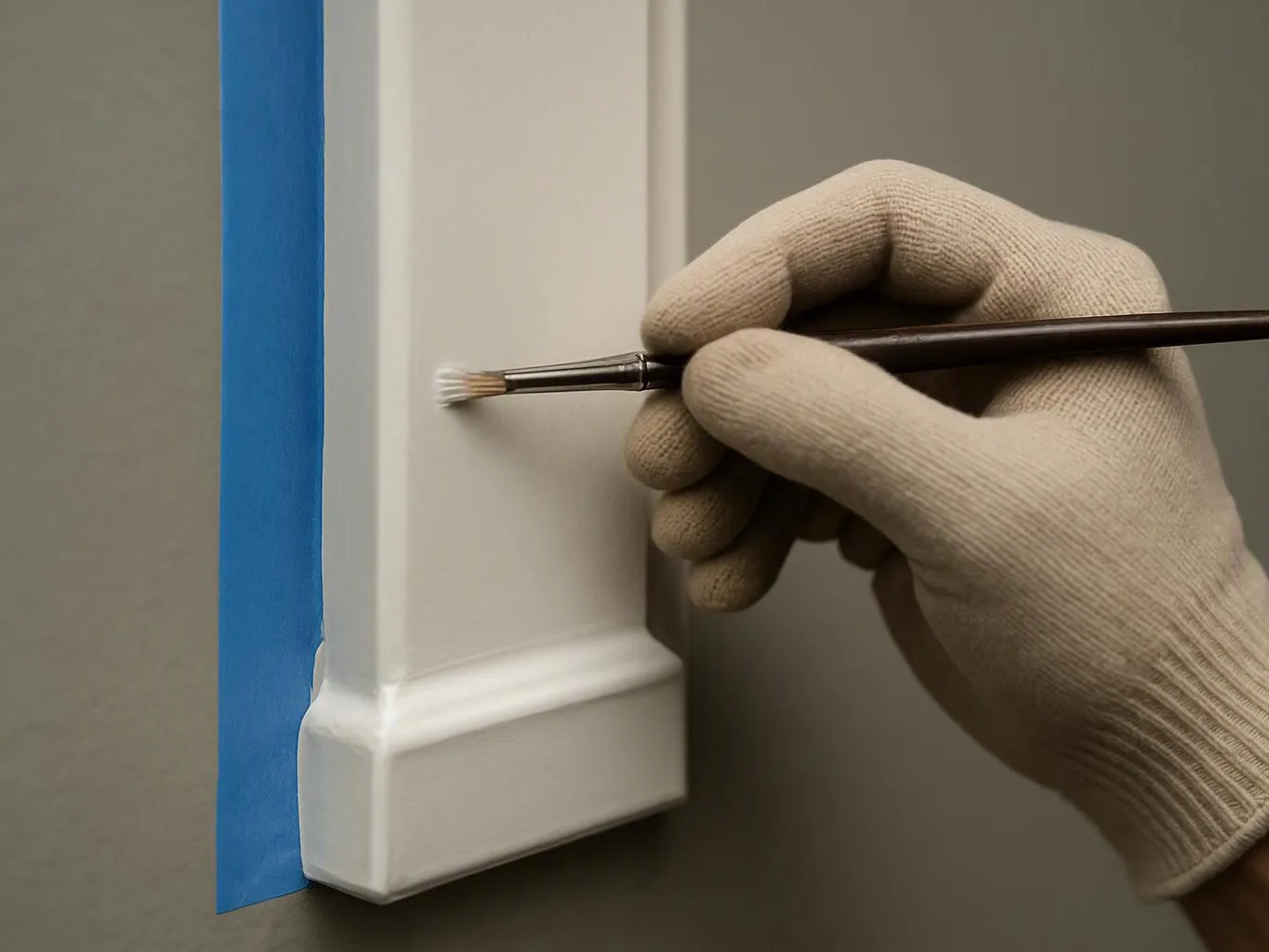A gloved hand paints a white trim edge with a small brush beside blue painter’s tape