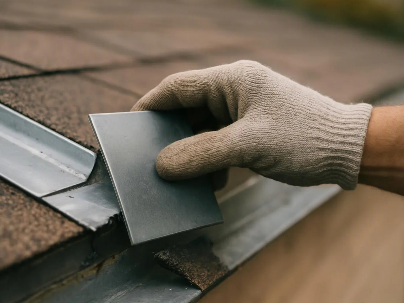 A gloved hand positions a metal flashing piece on a shingled roof edge