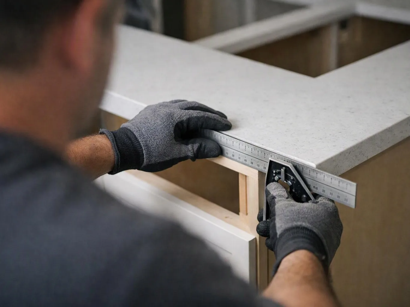 A gloved worker measures a cabinet edge with a metal ruler and square in a workshop