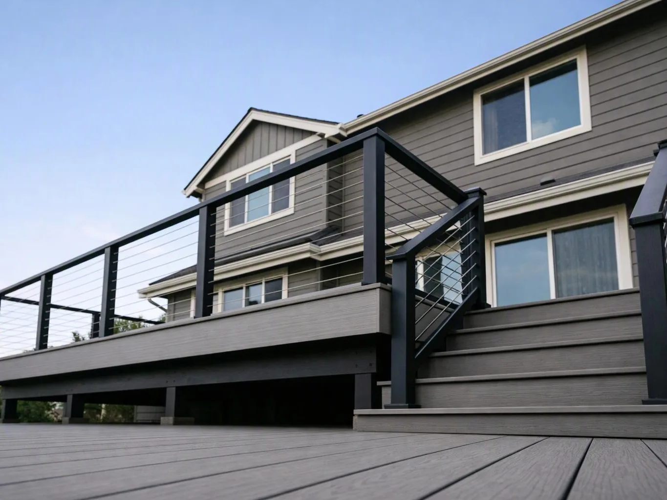 A gray house with a raised deck, cable railings, and wide wooden steps sits under a clear blue sky