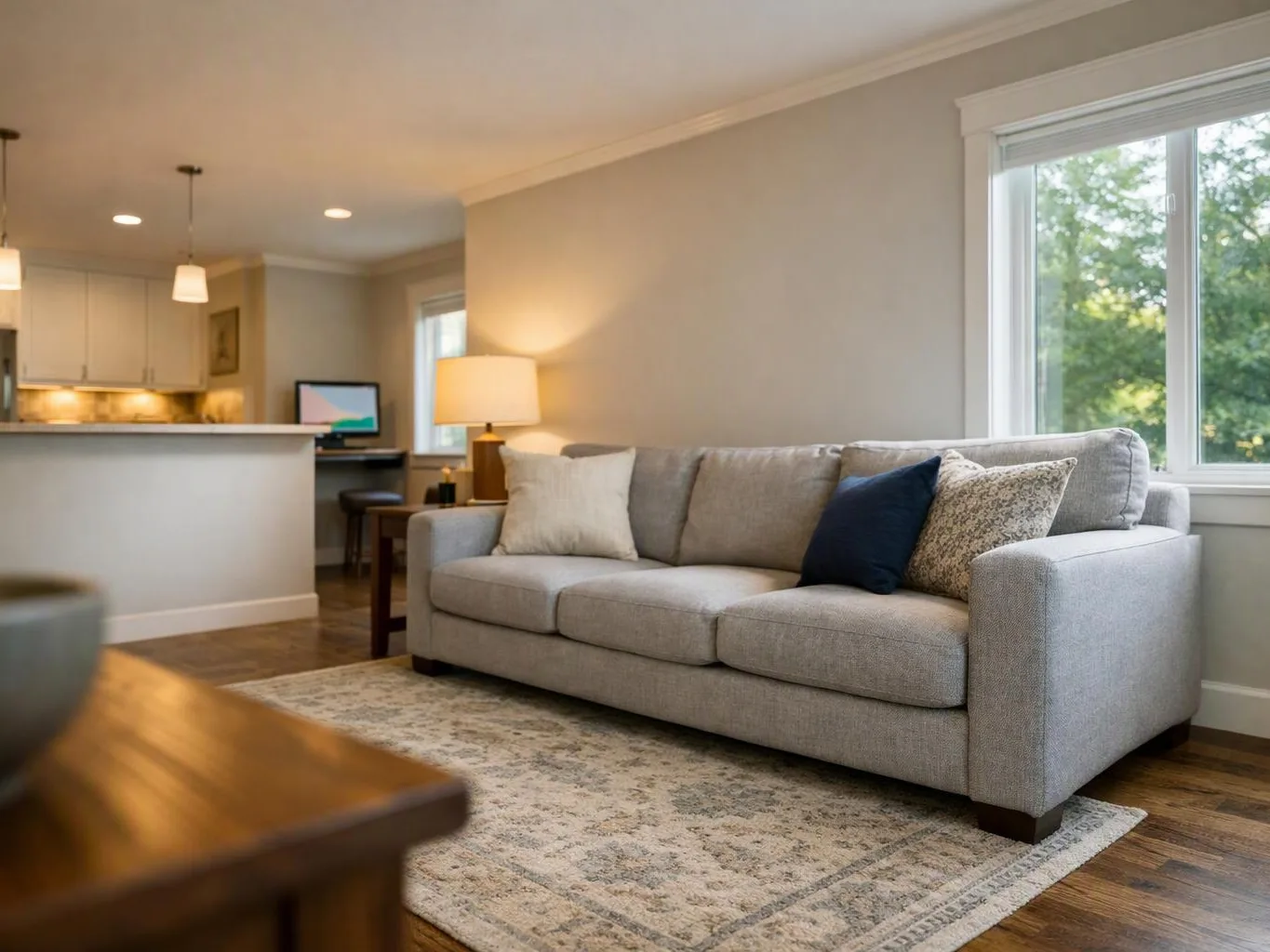 A gray sofa with pillows sits by a bright window in a calm living room with a lamp and rug