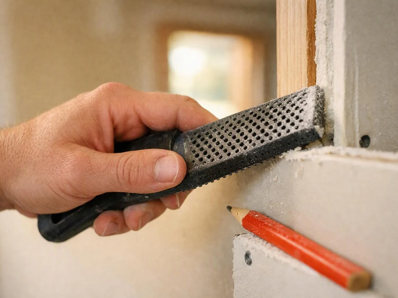 A hand files a wall edge with a black rasp beside a red pencil on unfinished drywall