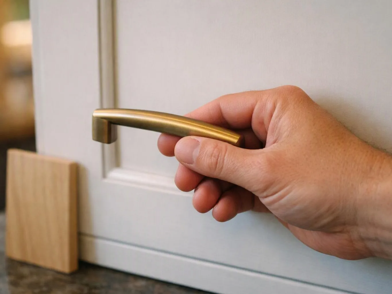 A hand grips a brass cabinet handle on a white door, with a wooden block nearby