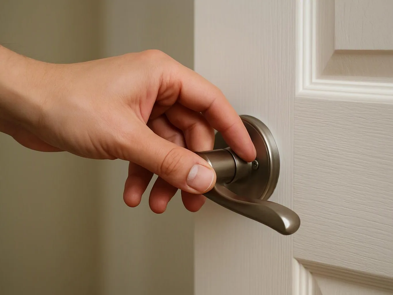 A hand grips a silver door lever on a white interior door
