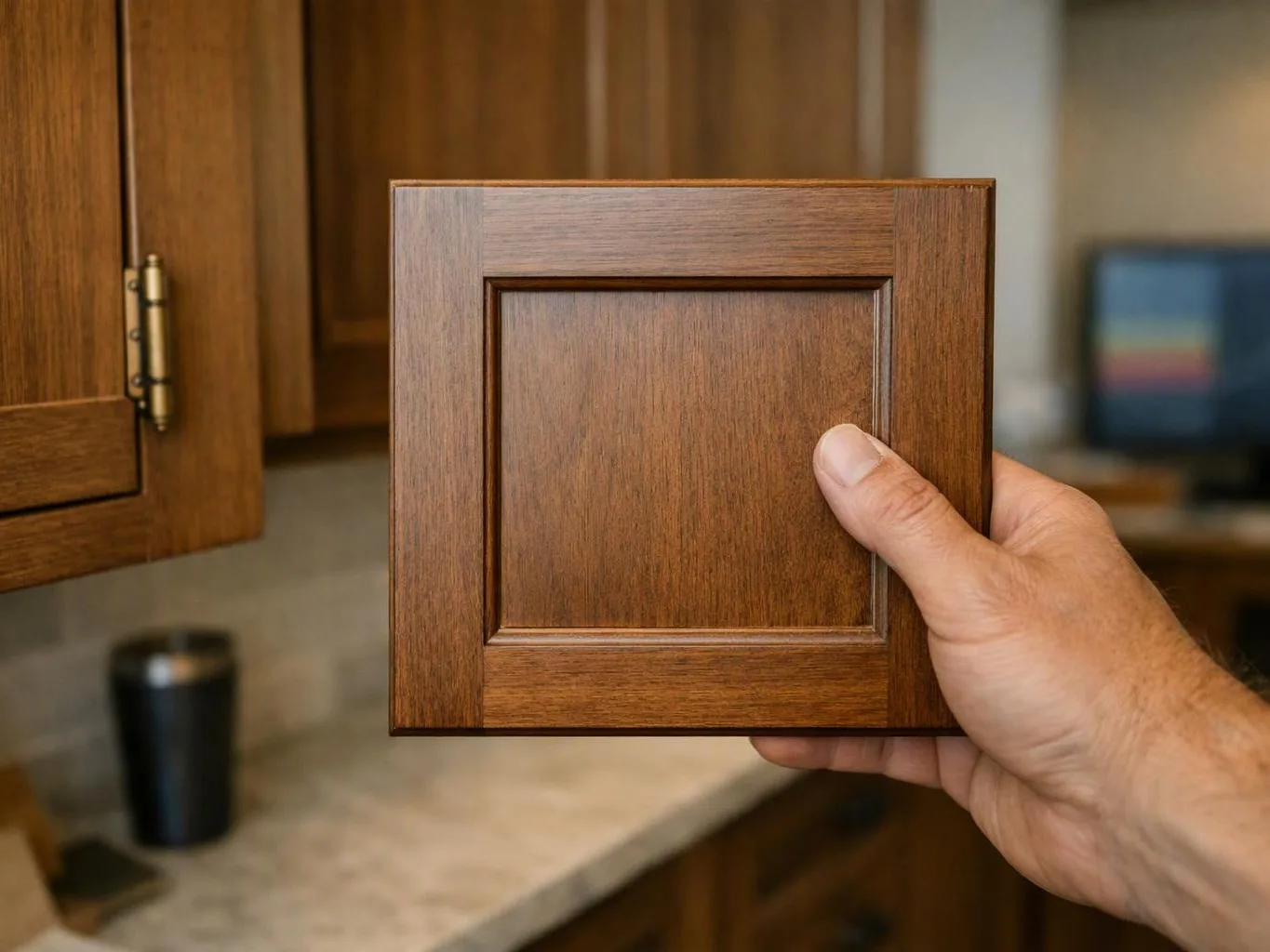 A hand holds a brown wooden cabinet door panel in a kitchen setting