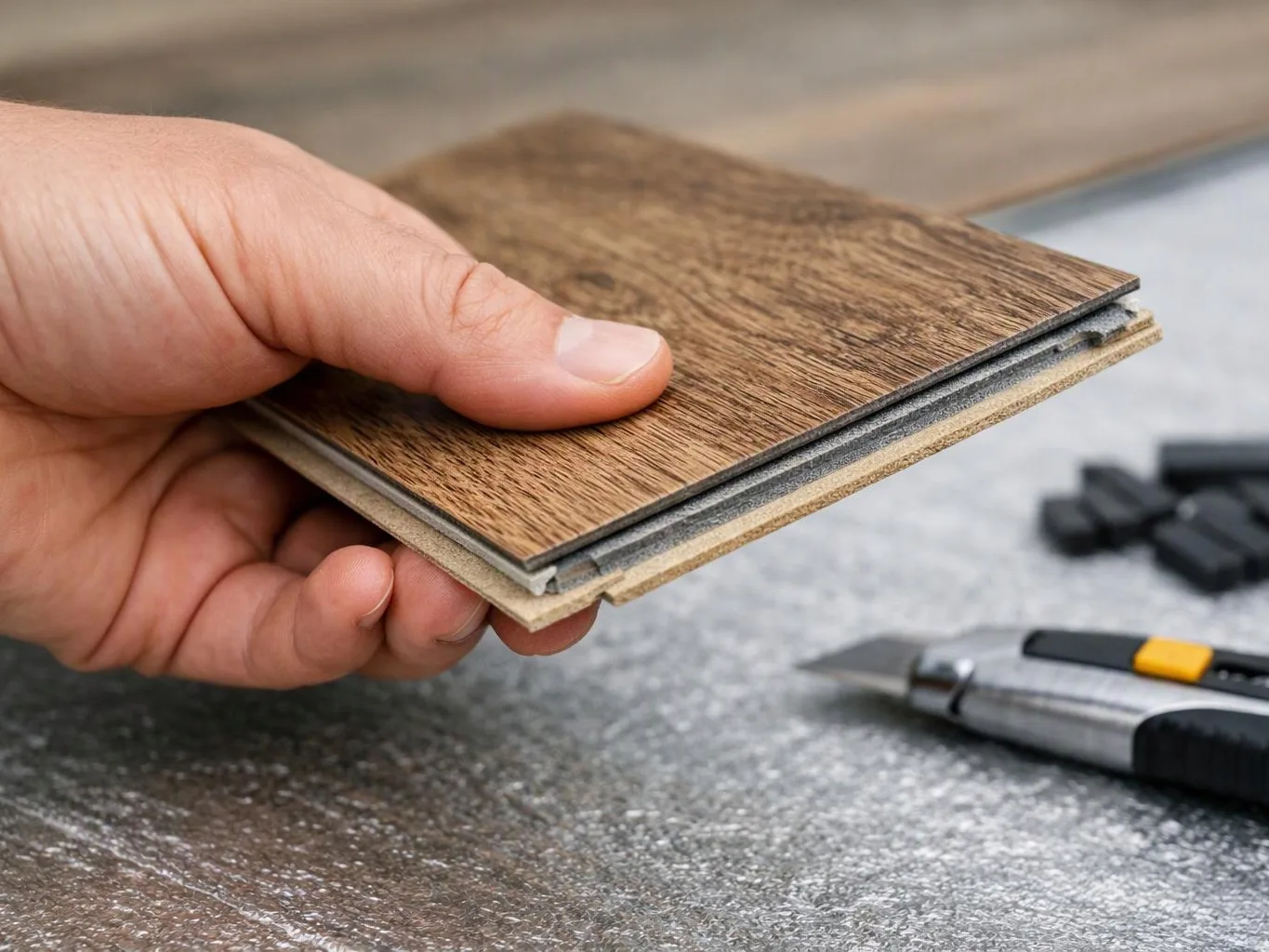 A hand holds layered wood flooring samples above a work surface with a utility knife nearby