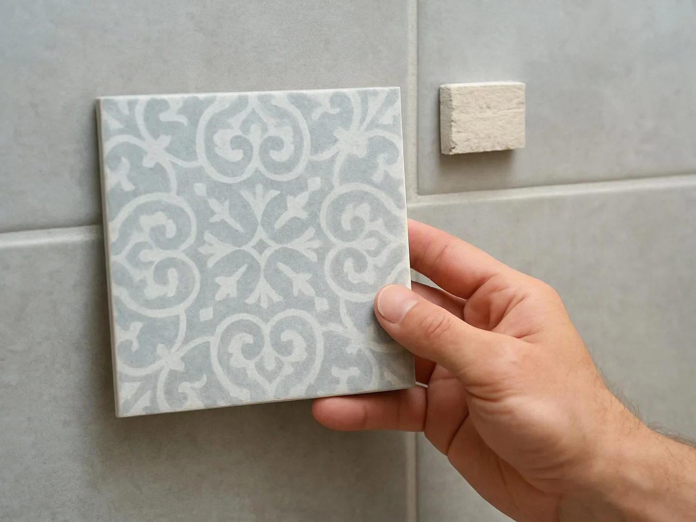 A hand holds a patterned square tile against a gray tiled wall with a small sample block nearby