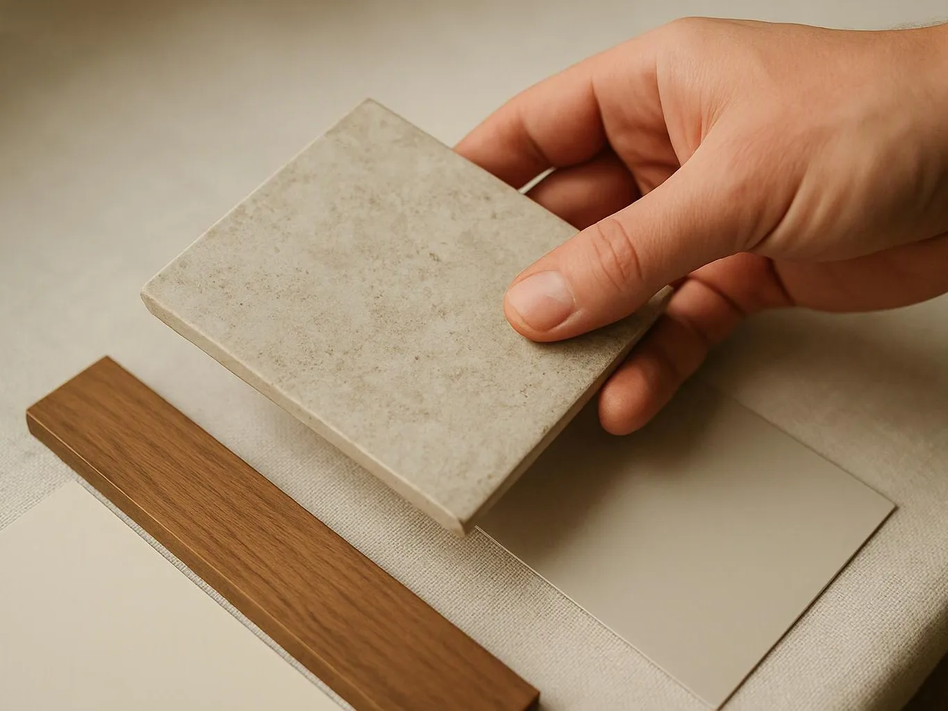 A hand holds a square stone tile above two sample strips on a beige surface