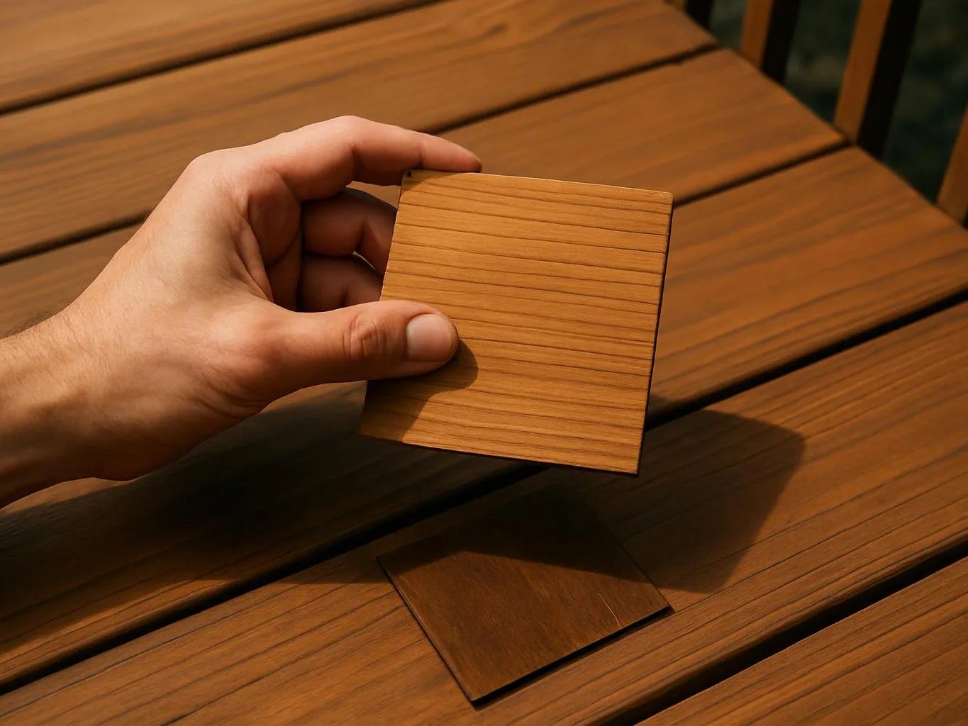 A hand holds a square wood sample above matching wooden deck boards outdoors