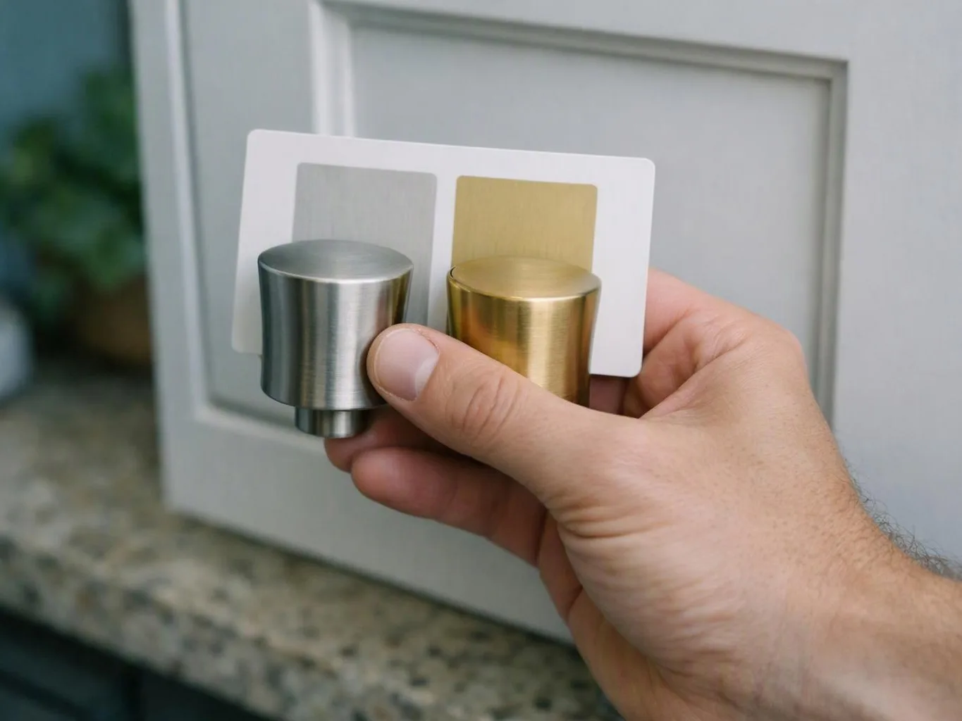 A hand holds two metal finish samples, silver and gold, in front of a gray cabinet door