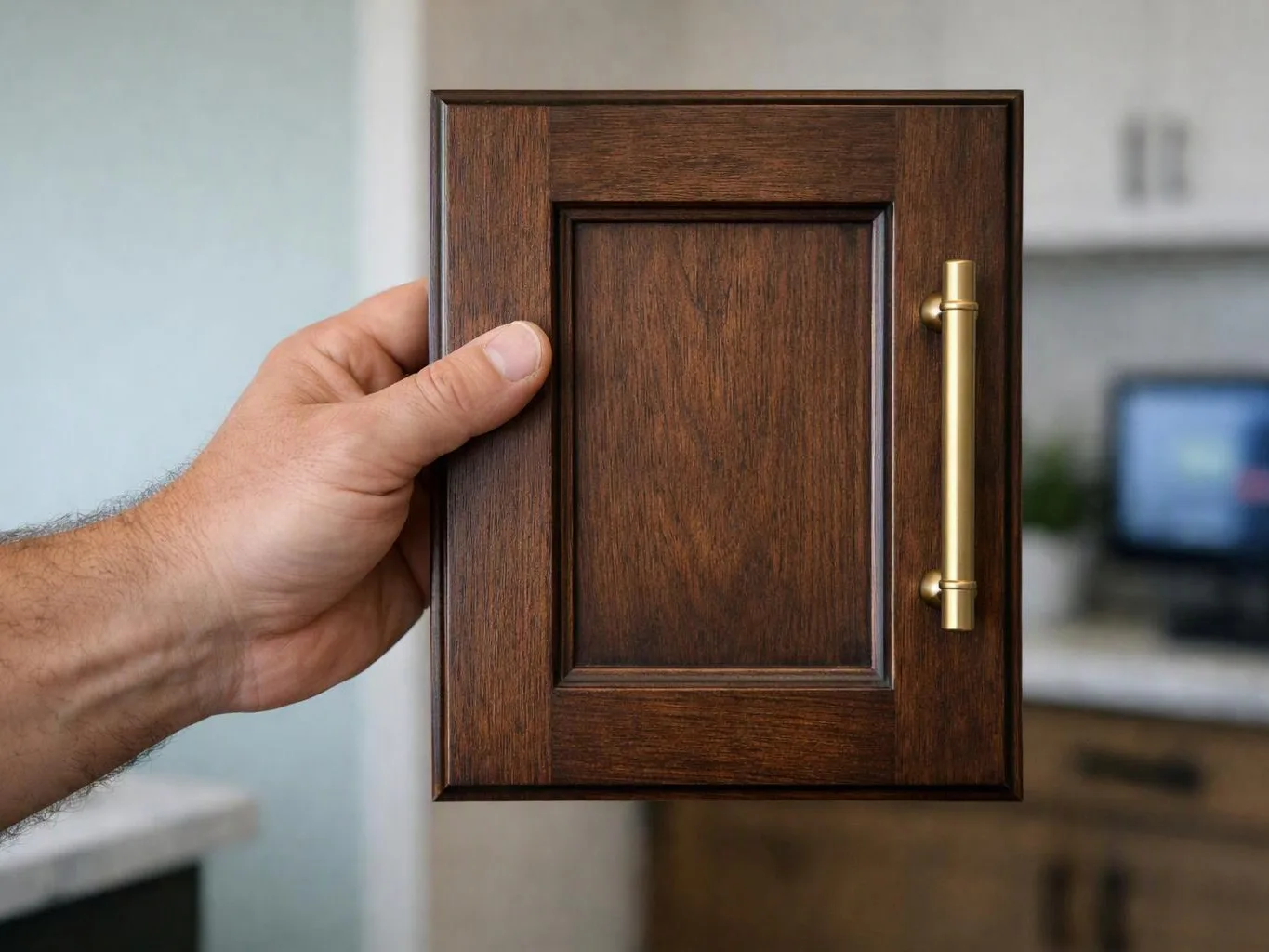 A hand holds up a small wooden cabinet door with a gold handle in a blurred kitchen-like room