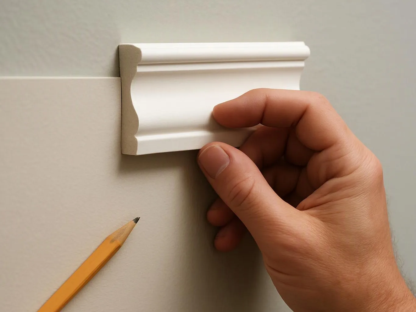 A hand holds a white decorative trim sample against a wall beside a pencil tip