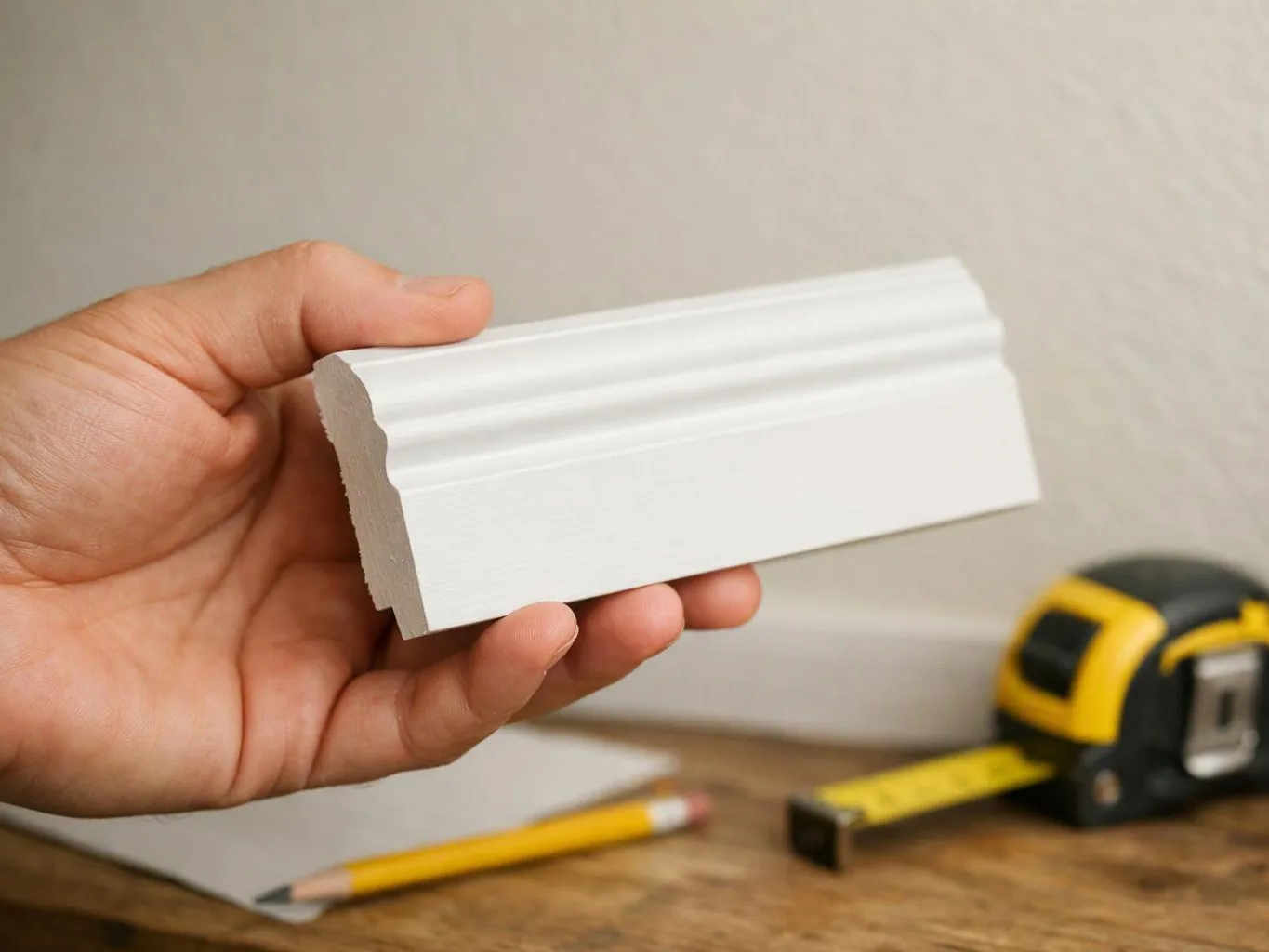 A hand holds a white molding trim piece above a workbench with a pencil and tape measure in the background