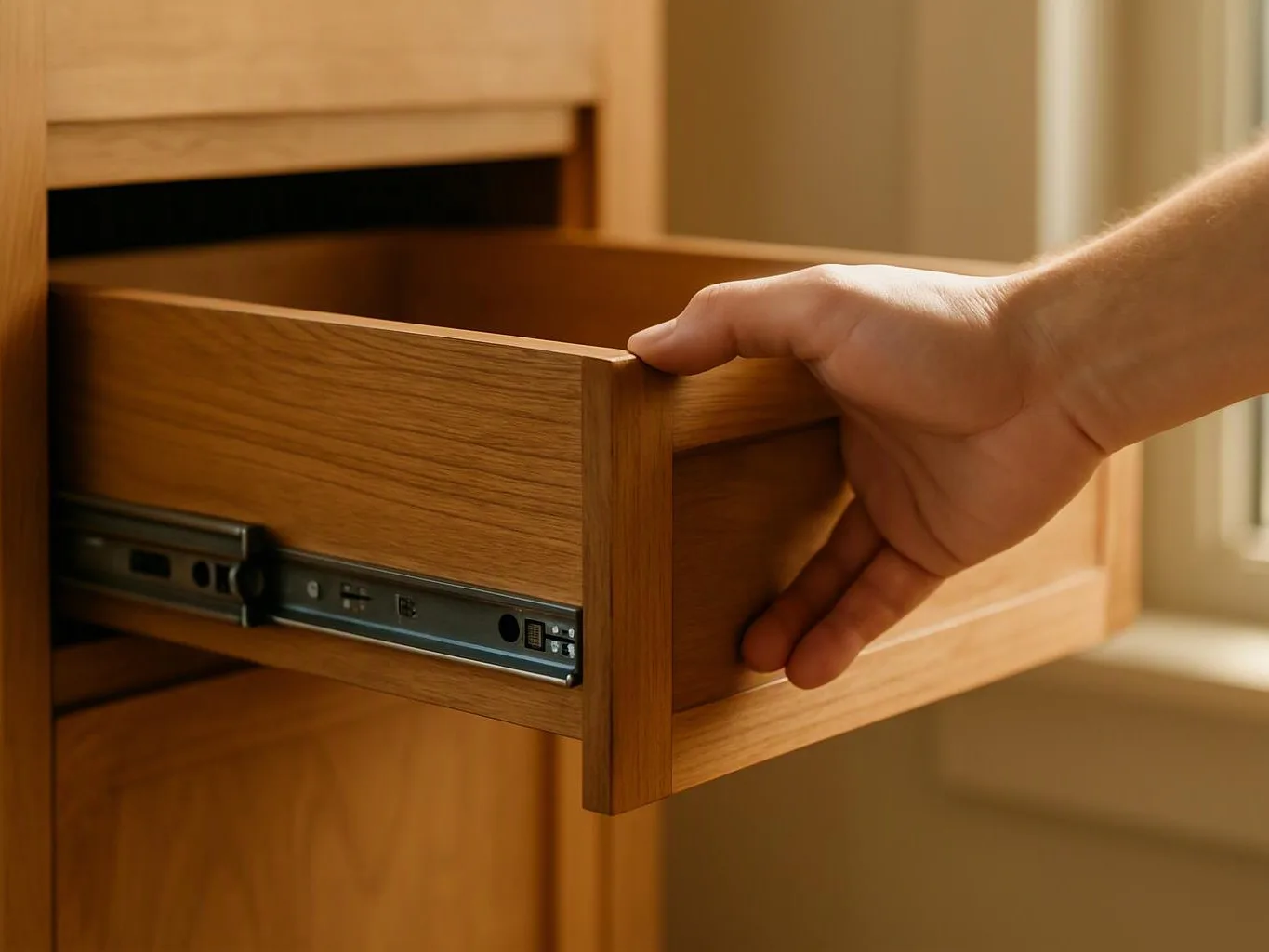 A hand pulls open a wooden drawer with metal slides in a sunlit room