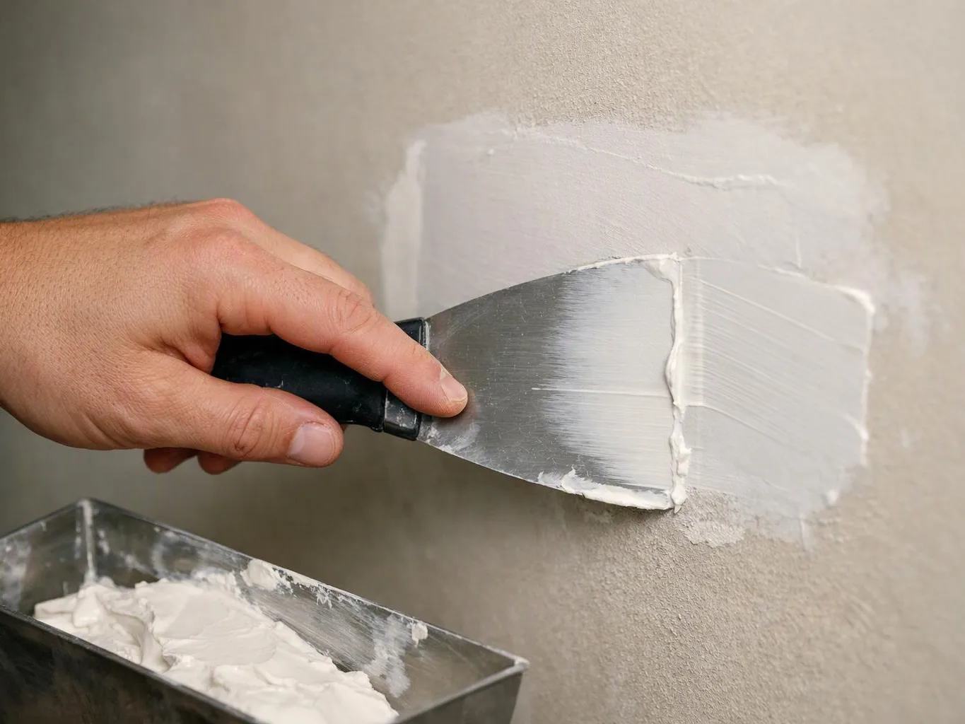 A hand spreads white putty on a wall with a metal putty knife, beside a tray of filler