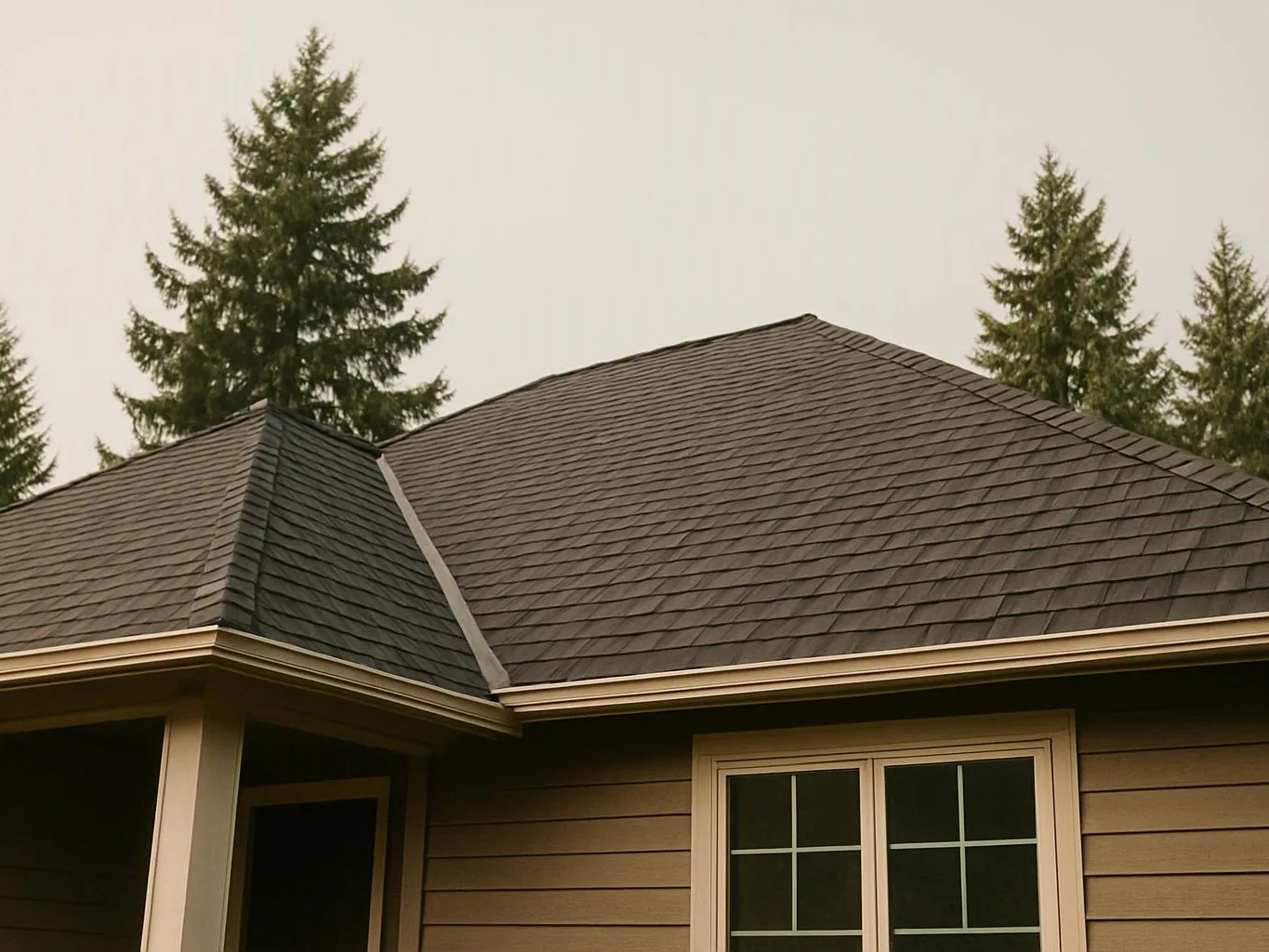 A house roof with dark shingles sits under tall evergreen trees against a pale sky