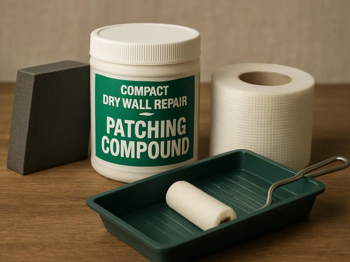 A jar labeled patching compound sits beside a sponge, mesh tape, and paint tray on a wooden surface