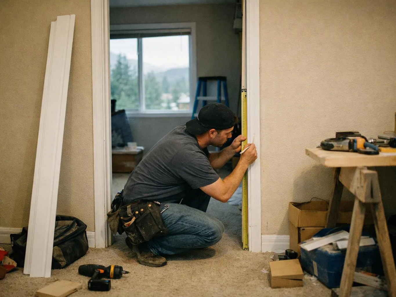 A kneeling man measures a doorway with a tape measure inside a room under renovation