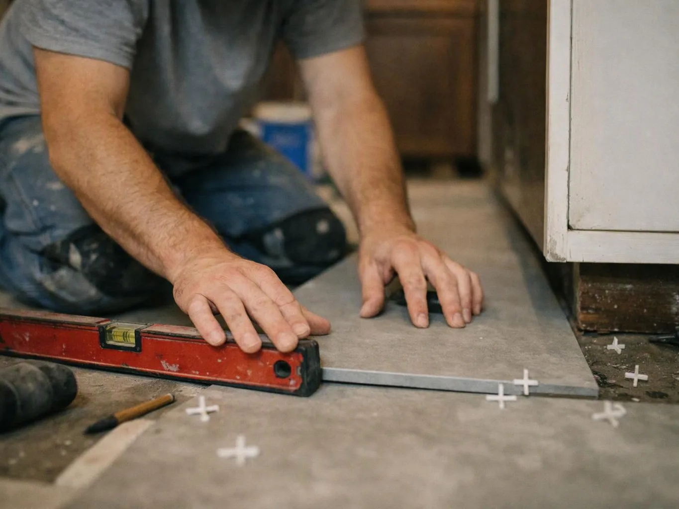 A kneeling worker aligns a floor tile with a red level beside a cabinet in a room under renovation