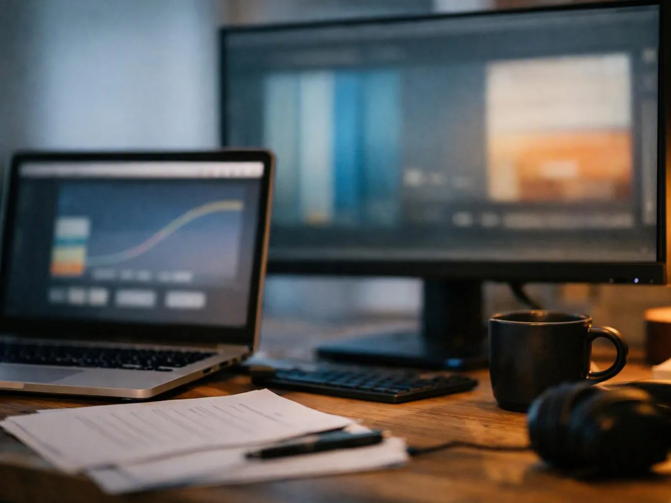 A laptop and monitor display blurred charts on a desk with papers, a pen, a mug, and headphones