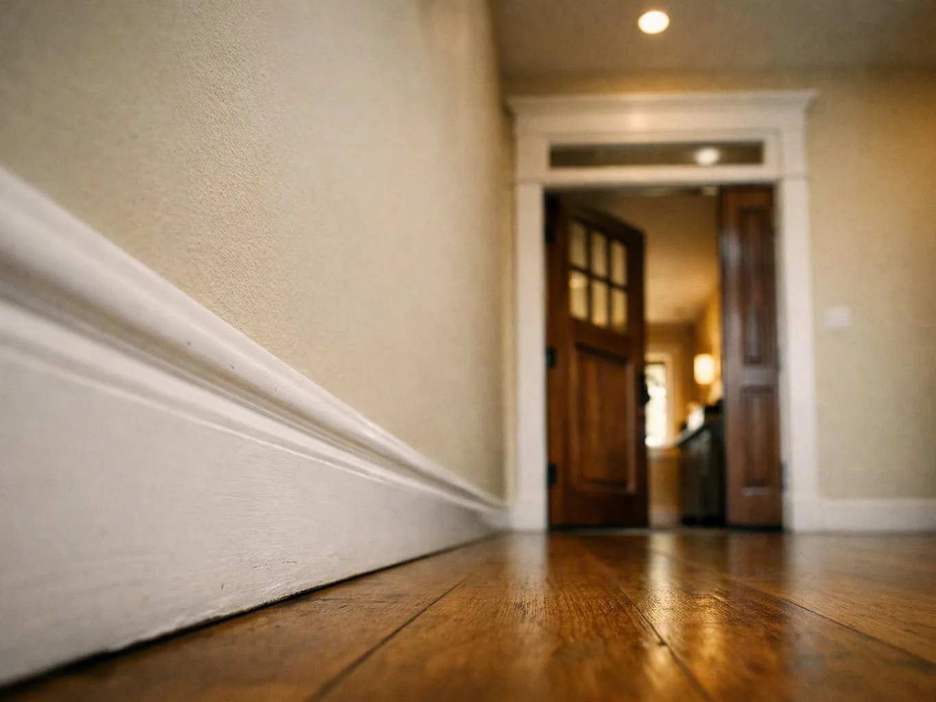 Low-angle view of a polished wood hallway leading to an open wooden doorway inside a home