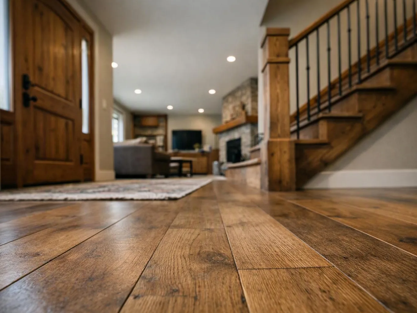 Low-angle view of a warm living room with hardwood floors, a wooden staircase, a fireplace, and a front door