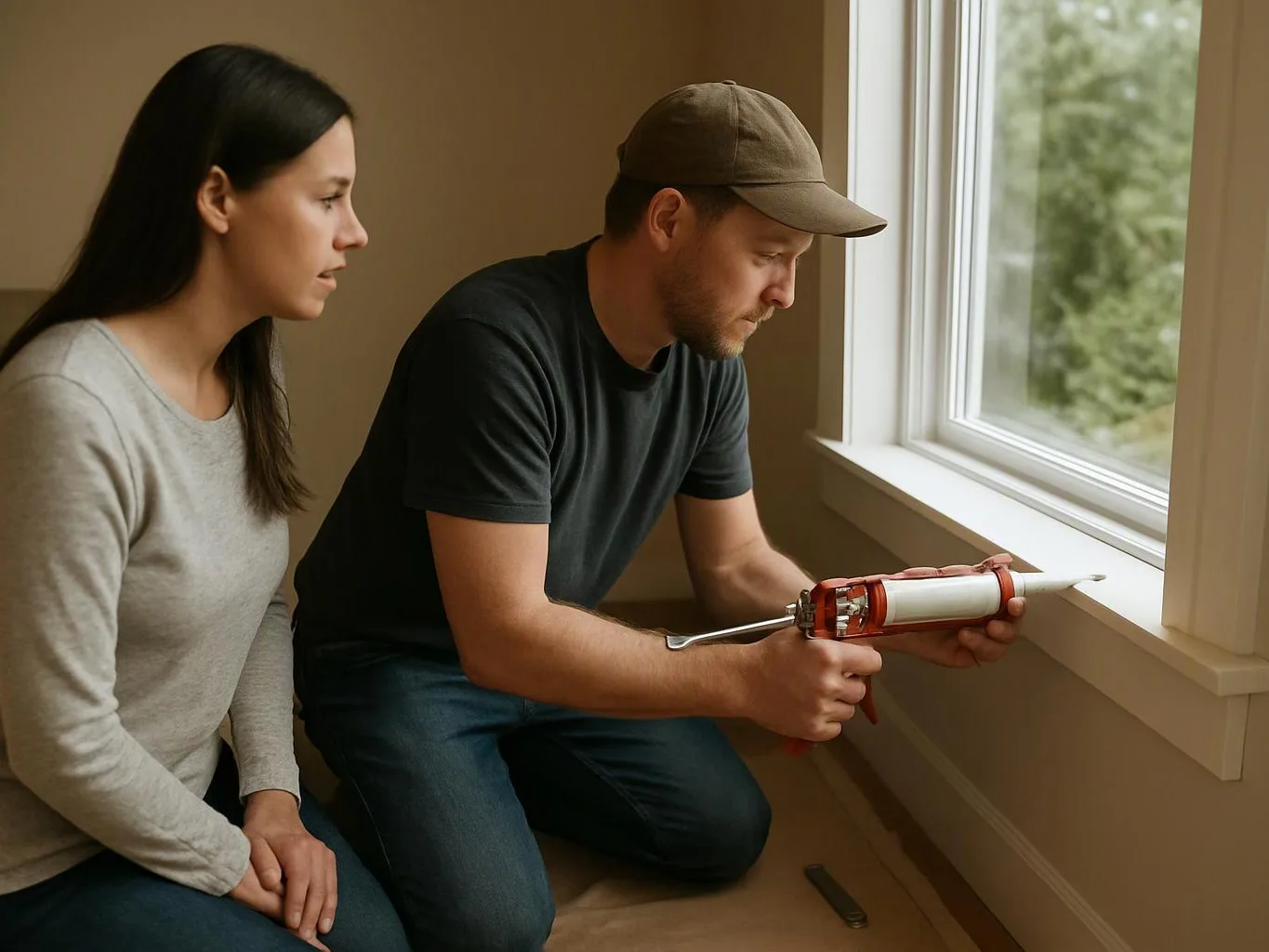 A man applies caulk along a window frame while a woman watches beside him