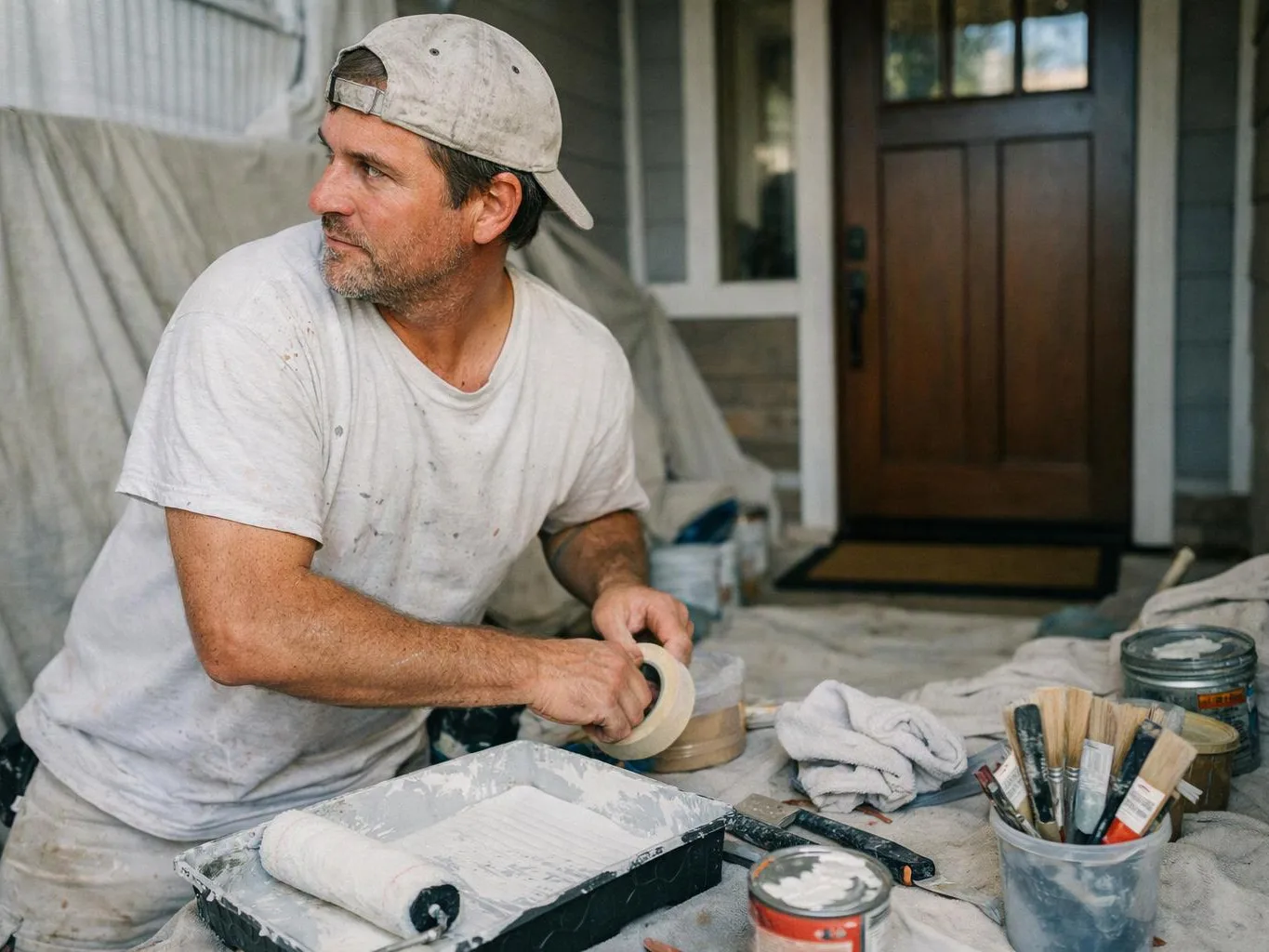 A man in a backward cap tapes off a paint tray on a covered porch outside a front door