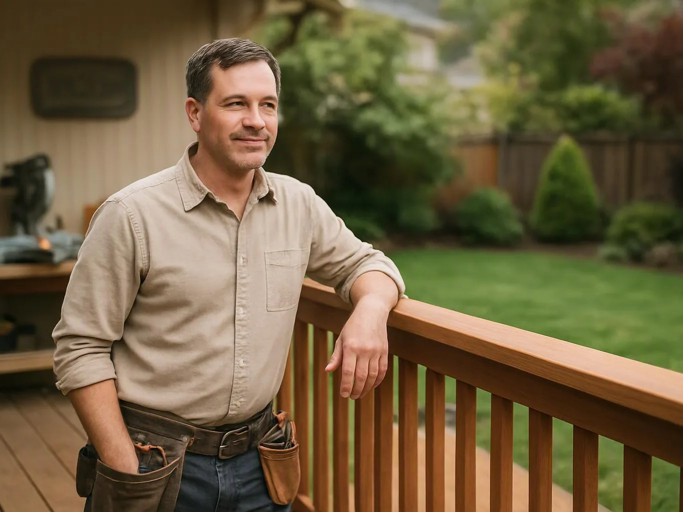 A man in a beige shirt leans on a wooden deck railing in a backyard