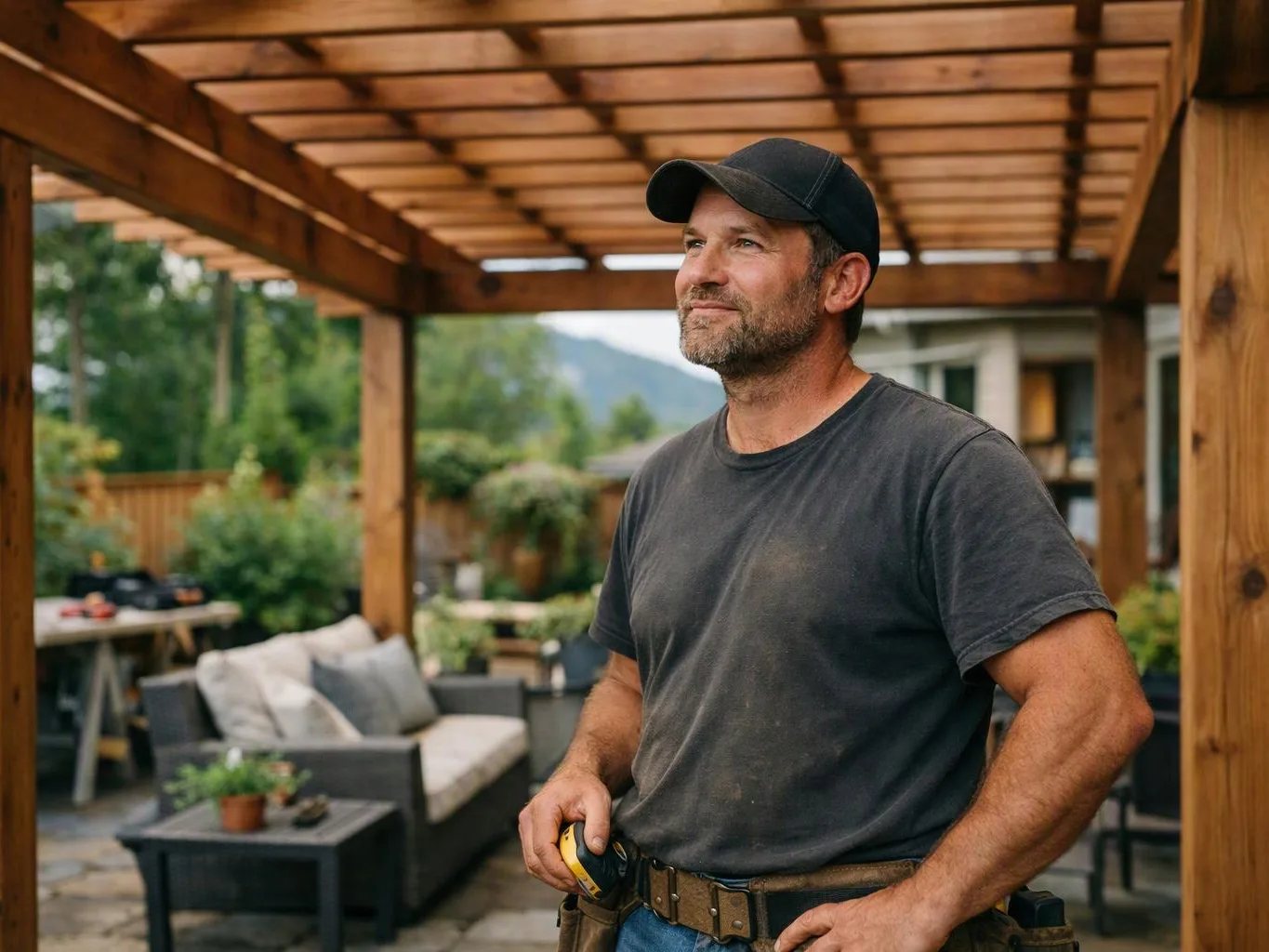 A man in a black cap stands under a wooden pergola, holding a tape measure in a backyard patio setting