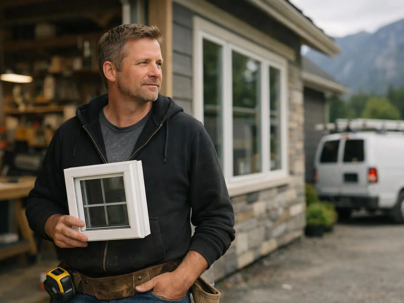 A man in a black hoodie holds a white window frame outside a house with a van nearby