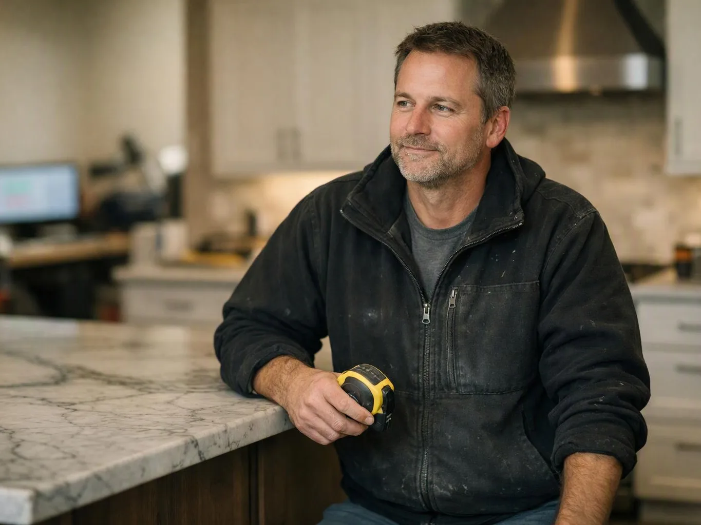 A man in a black jacket holds a yellow tape measure beside a marble kitchen island
