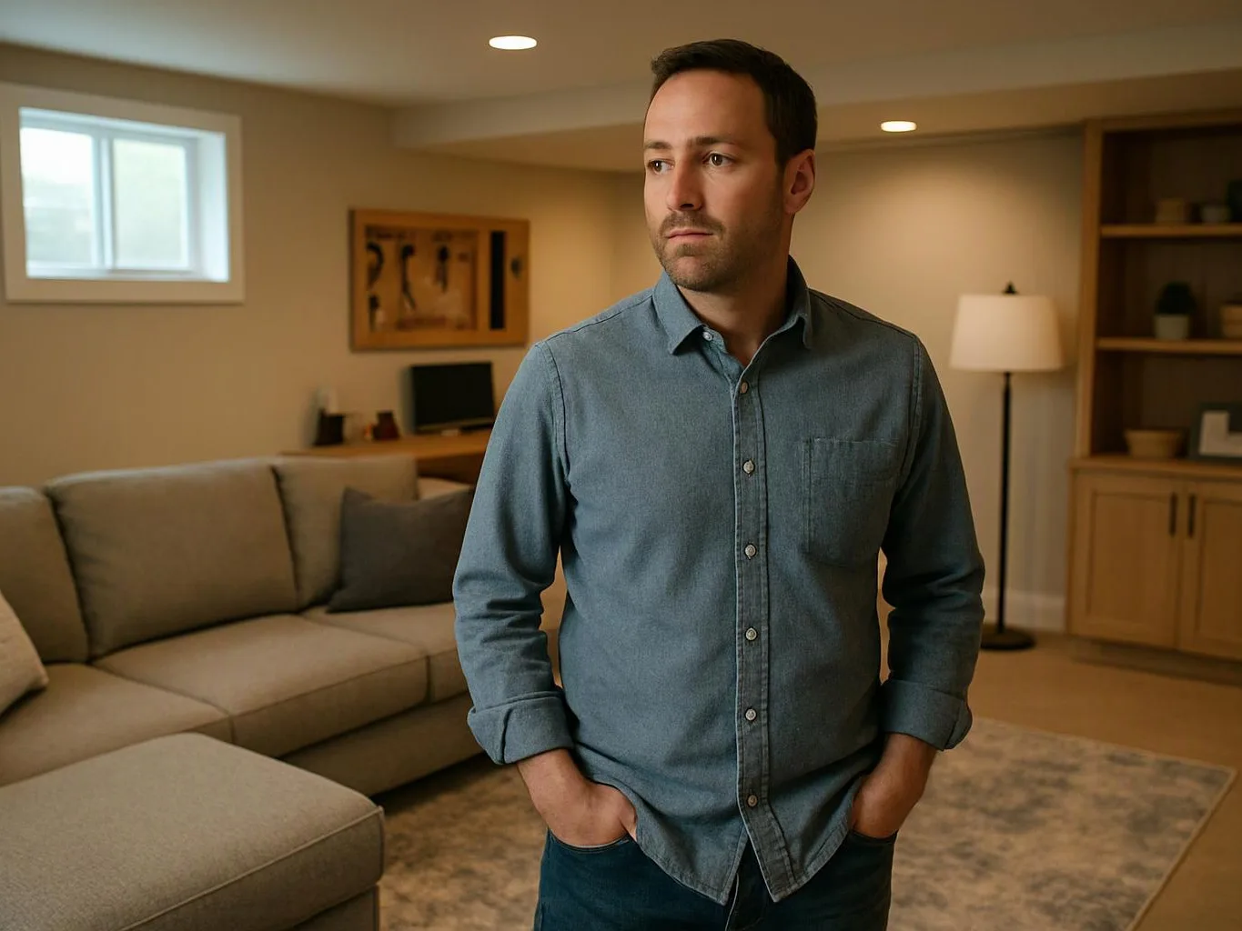 A man in a blue shirt stands with hands in pockets in a tidy living room