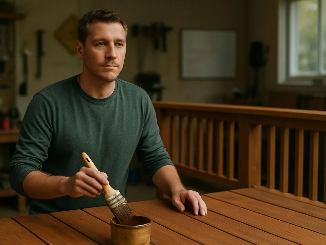 A man brushes finish onto a wooden table in a workshop room