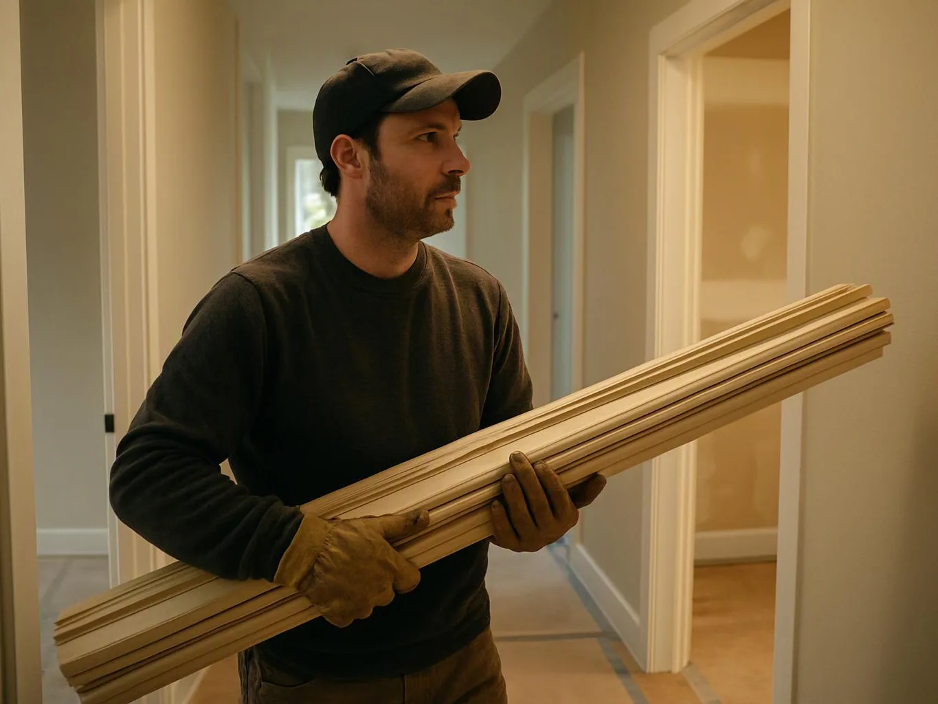A man in a cap carries long wooden trim boards through a hallway in a house under renovation