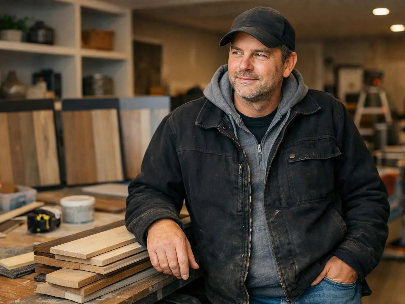 A man in a cap leans on stacked wood boards in a workshop, looking to the side