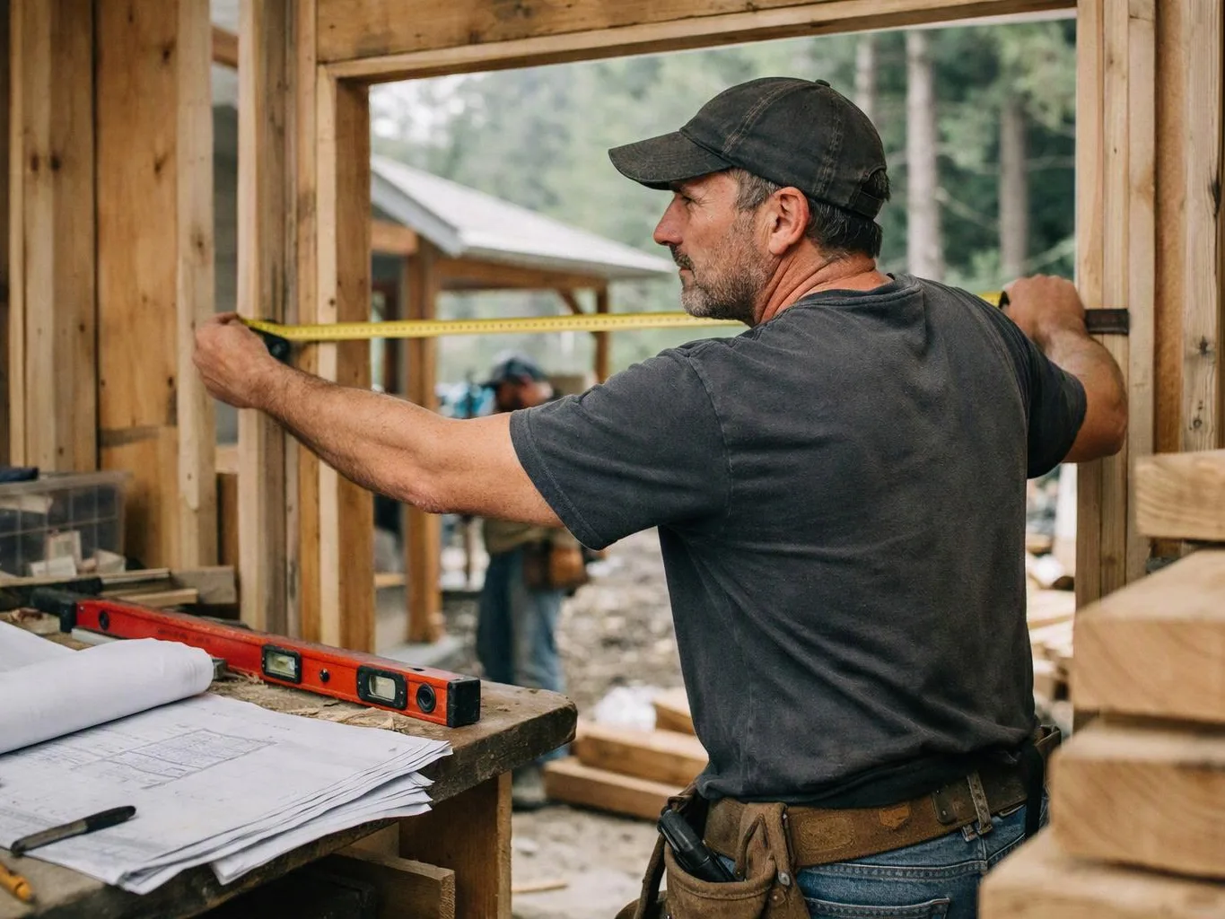 A man in a cap measures a wooden frame with a tape measure at a construction site