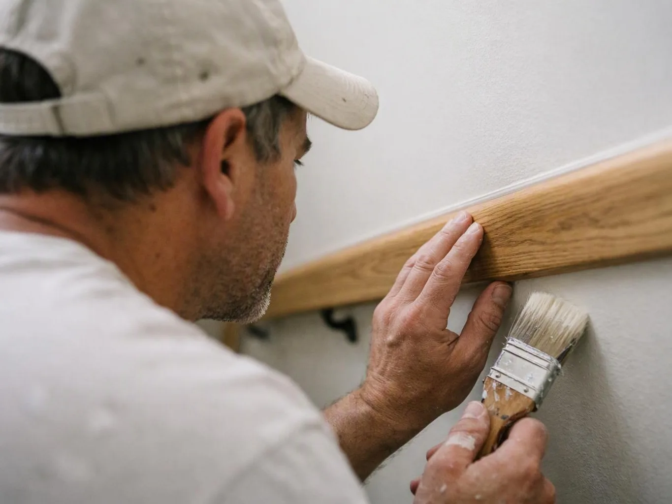 A man in a cap paints a wall trim with a brush indoors