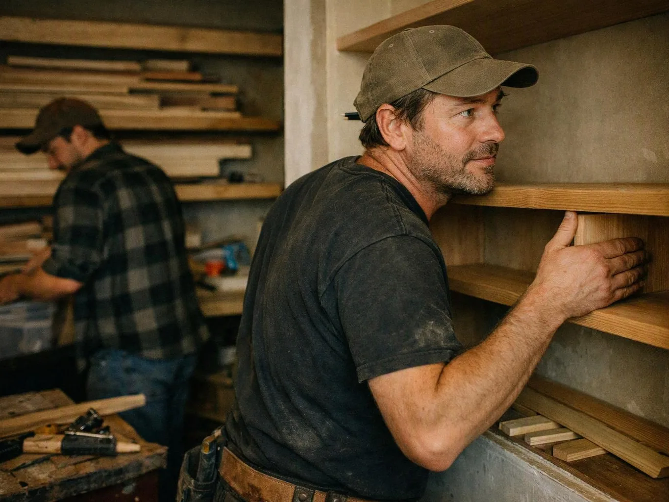 A man in a cap presses a wooden shelf into place while another worker stands at shelves in a workshop