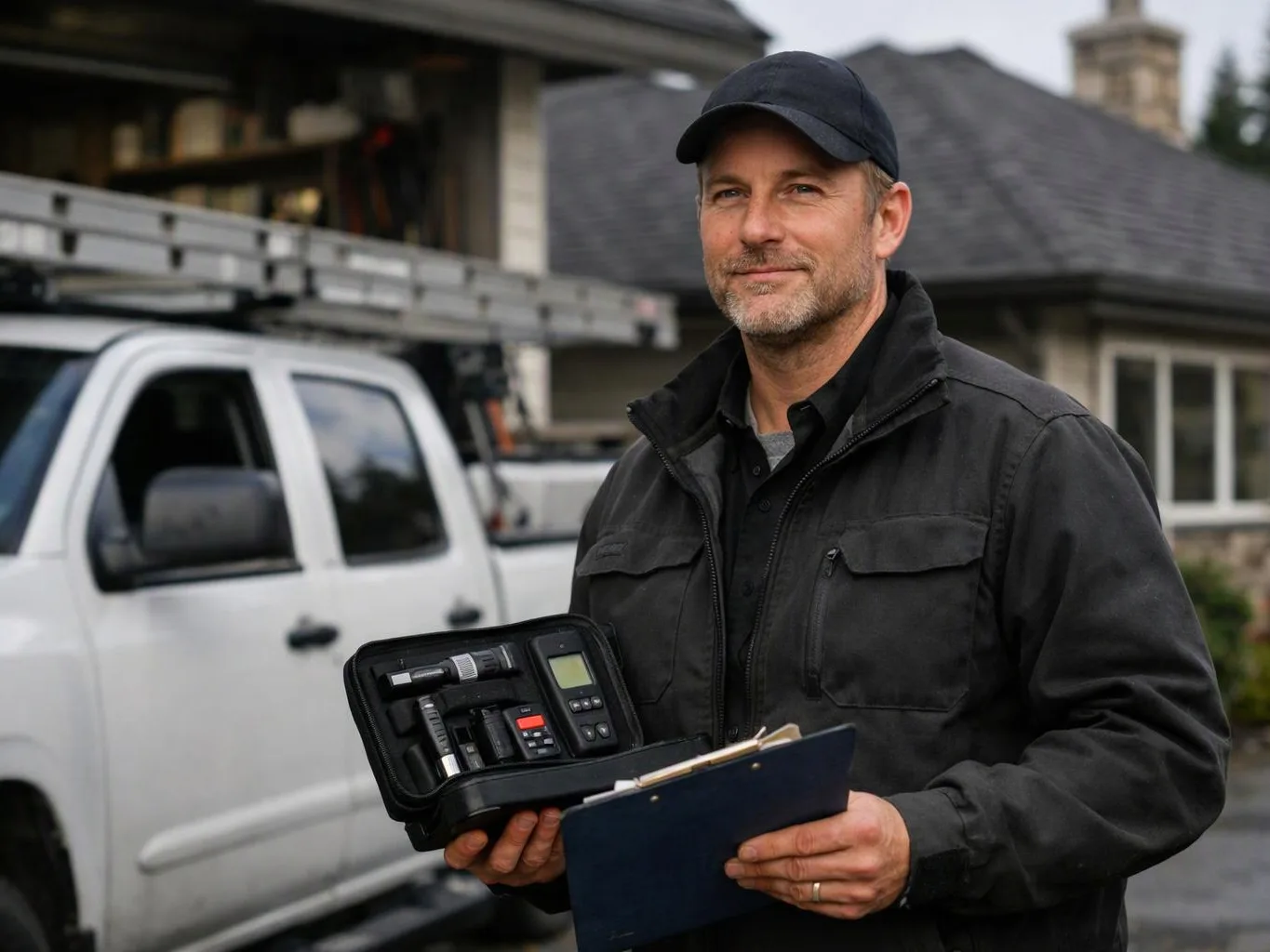 A man in a cap stands beside a white truck, holding a clipboard and an open tool case outdoors