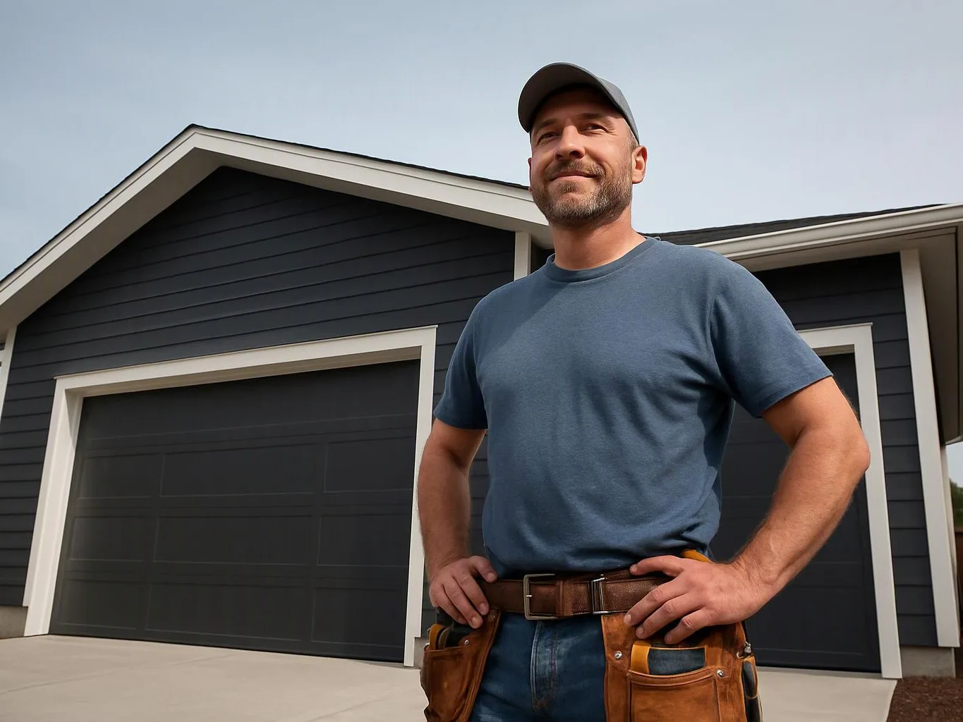 A man in a cap stands with hands on hips in front of a dark garage and house siding