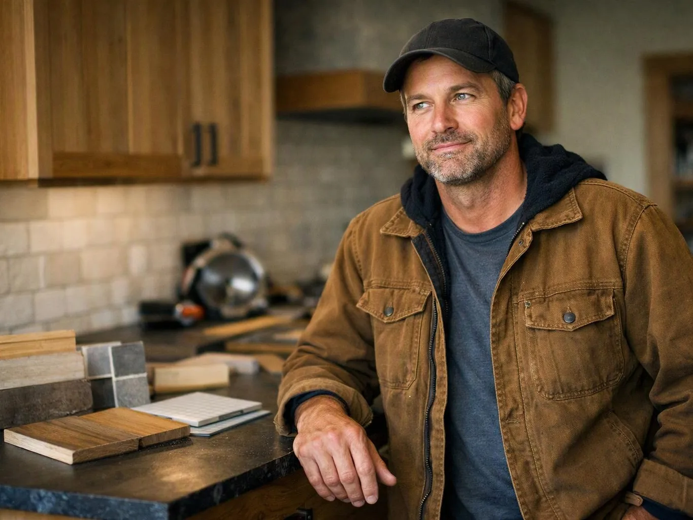 A man in a cap stands in a kitchen, leaning on a counter with wood samples beside him